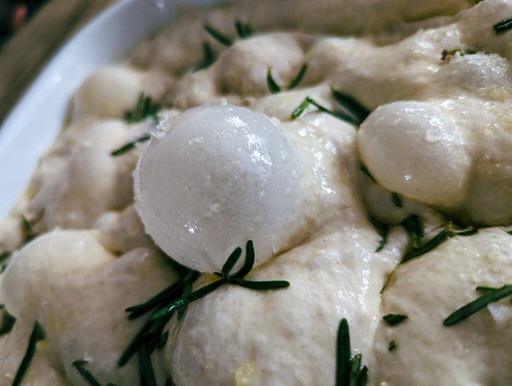 A close up of the perfect focaccia bubble showing how well developed the gluten is.